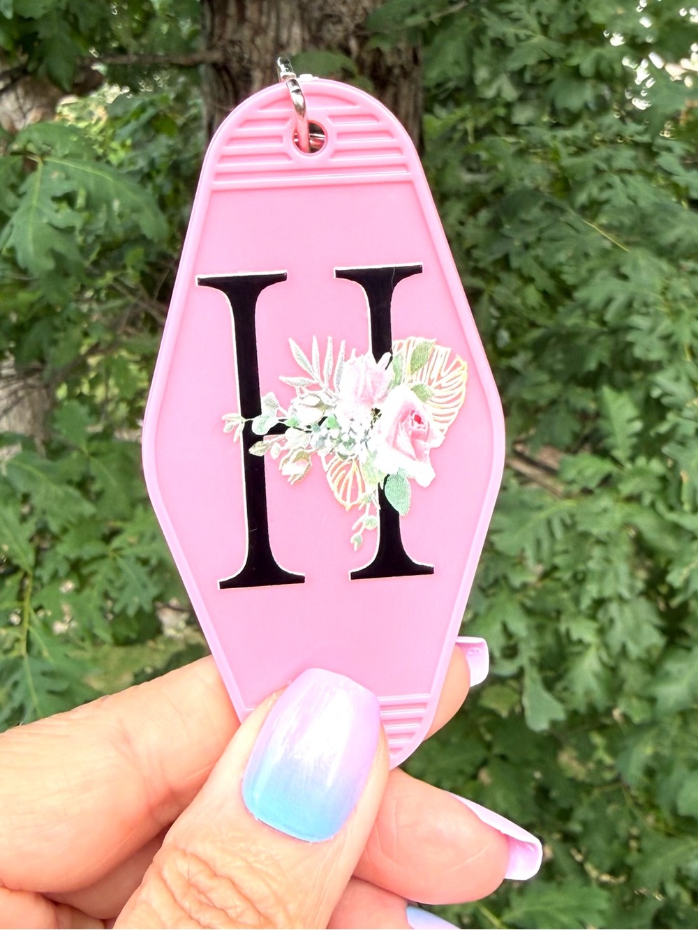 Vintage style motel key 3.5” keychain pink floral initial H gift idea